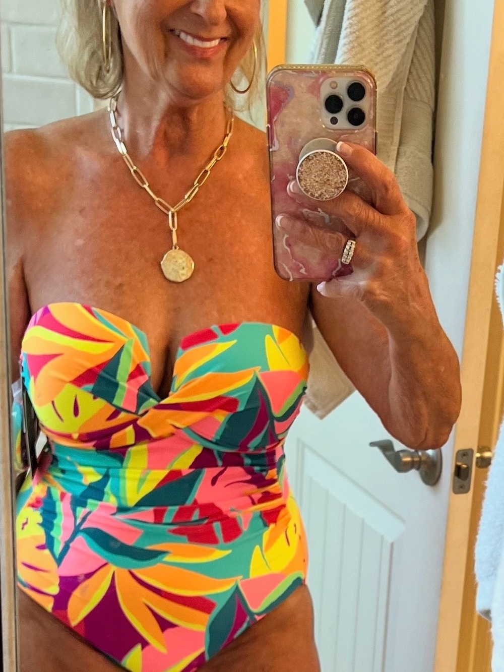 Beautiful Tropical Leaf One-Piece Swimsuit in Pink, Teal, Yellow and Orange